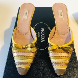 Prada ribbon wrapped high heel mules